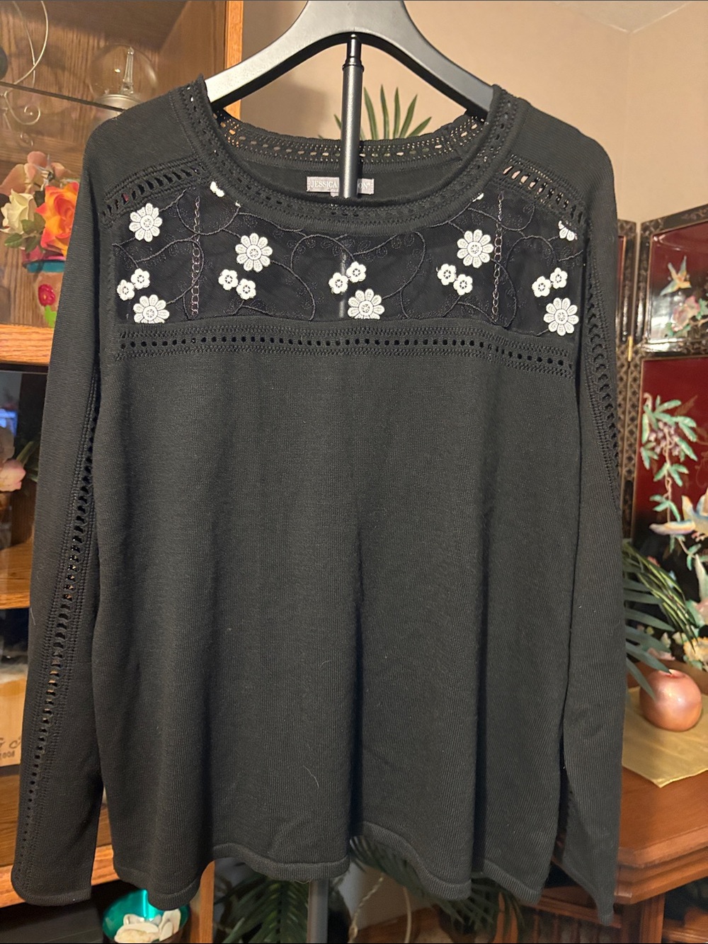 Black Floral Lace-Inset Women's Top